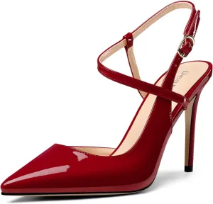 DearOnly Womens Sexy Slingback Ankle Strap Buckle Pumps High Stiletto Heel Close Pointed Toe Patent Leather Wedding Prom Shoes 3.9 Inches Heels