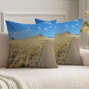 Decorative Set of 2 Throw Pillow Covers Roadway Adventure Yellow Travel Road Volcano Grass Foreground Hilly Landscape Nature Parks Outdoor Velvet Pillowcases Cushion Cover for Couch 16x16 inch