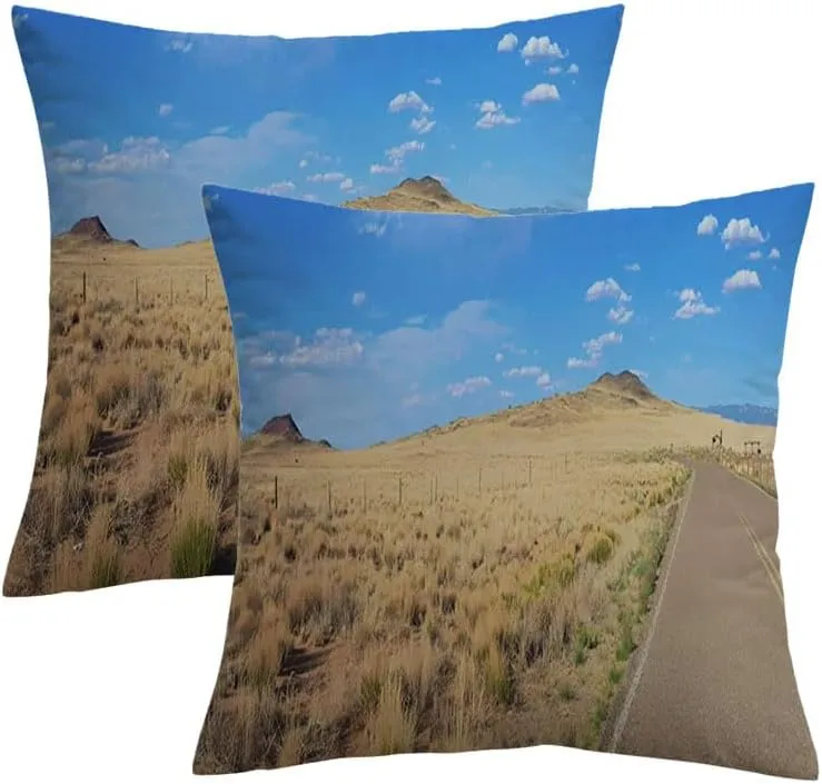 Decorative Set of 2 Throw Pillow Covers Roadway Adventure Yellow Travel Road Volcano Grass Foreground Hilly Landscape Nature Parks Outdoor Velvet Pillowcases Cushion Cover for Couch 16x16 inch