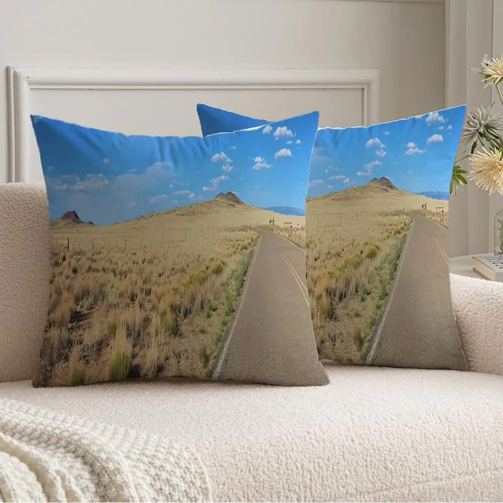 Decorative Set of 2 Throw Pillow Covers Roadway Adventure Yellow Travel Road Volcano Grass Foreground Hilly Landscape Nature Parks Outdoor Velvet Pillowcases Cushion Cover for Couch 16x16 inch