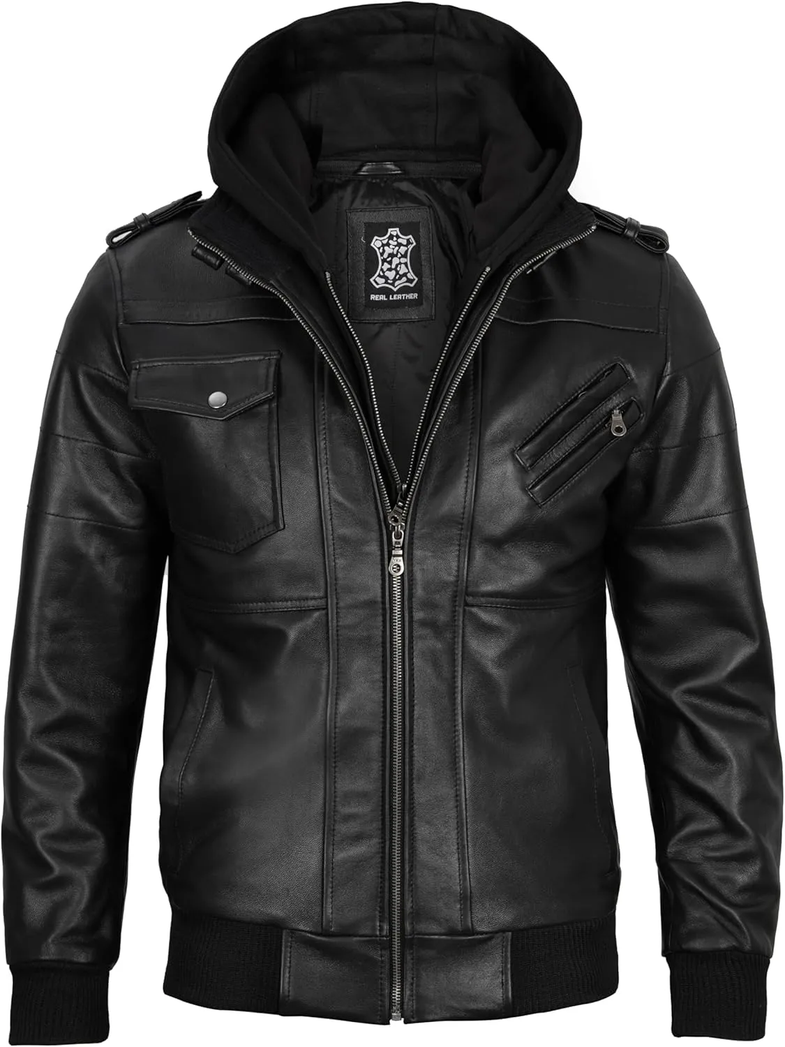 Decrum Hooded Leather Jacket Men - Casual Detachable Hood Leather Jackets for Men
