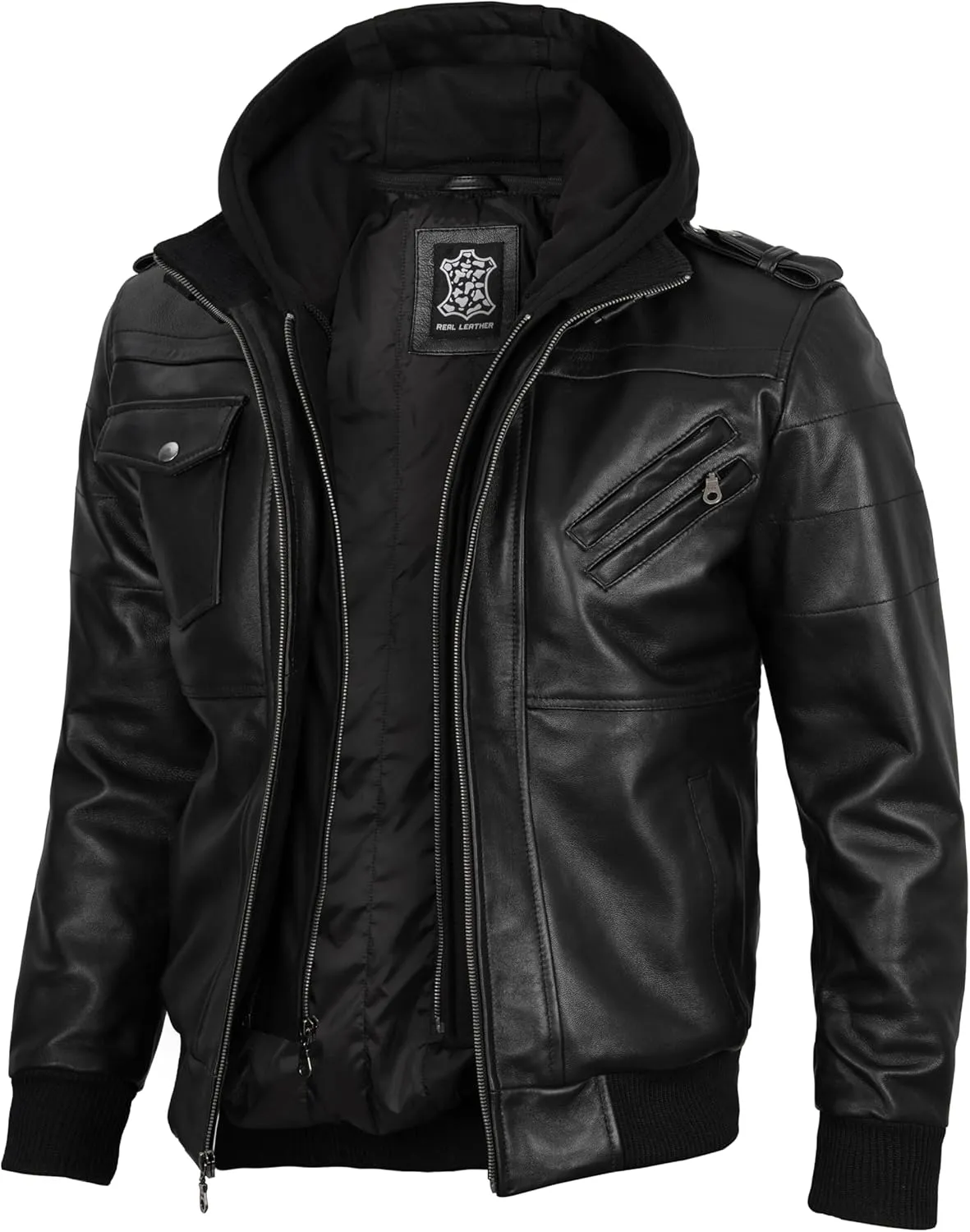 Decrum Hooded Leather Jacket Men - Casual Detachable Hood Leather Jackets for Men