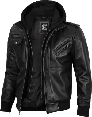 Decrum Hooded Leather Jacket Men - Casual Detachable Hood Leather Jackets for Men