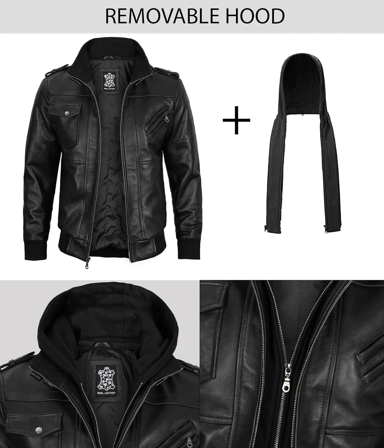 Decrum Hooded Leather Jacket Men - Casual Detachable Hood Leather Jackets for Men