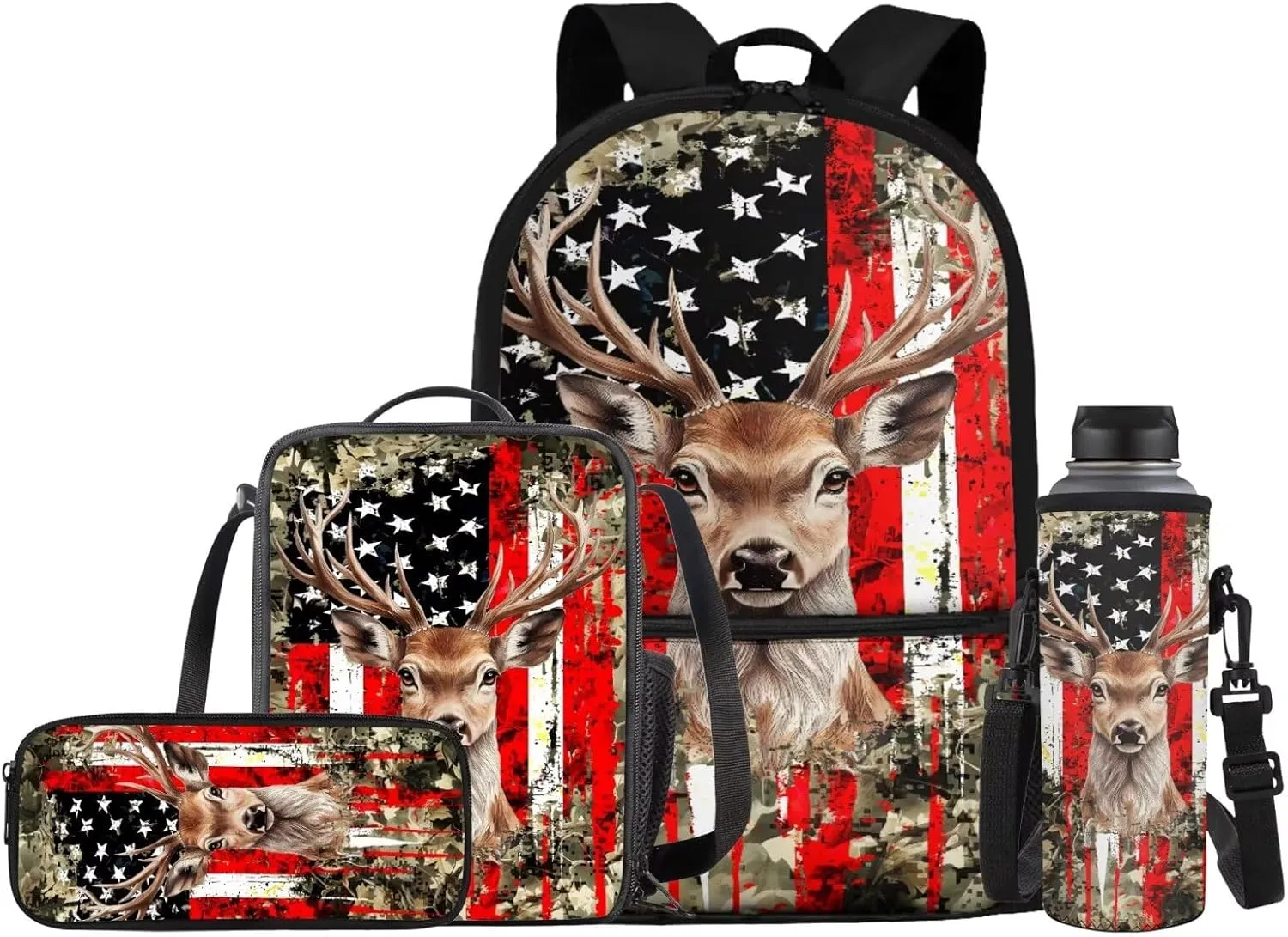 Deer Backpack for Girls School Bag with Lunch Bag Pencil Case Water Bottle Holder 4PCS Boys American Flag Camo School Daypack Travel Bag Satchel Bagpack Back to School Supplies