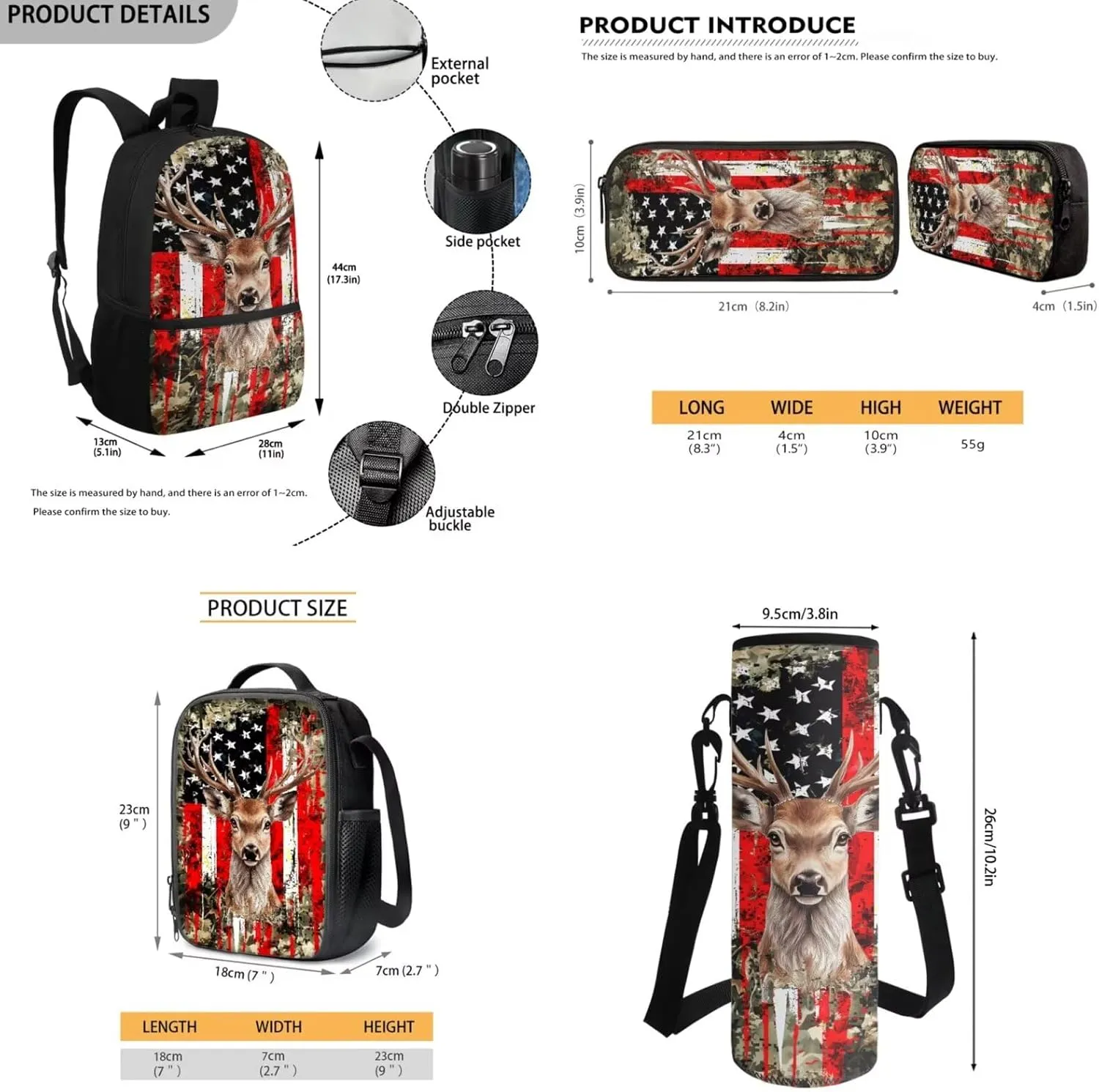 Deer Backpack for Girls School Bag with Lunch Bag Pencil Case Water Bottle Holder 4PCS Boys American Flag Camo School Daypack Travel Bag Satchel Bagpack Back to School Supplies