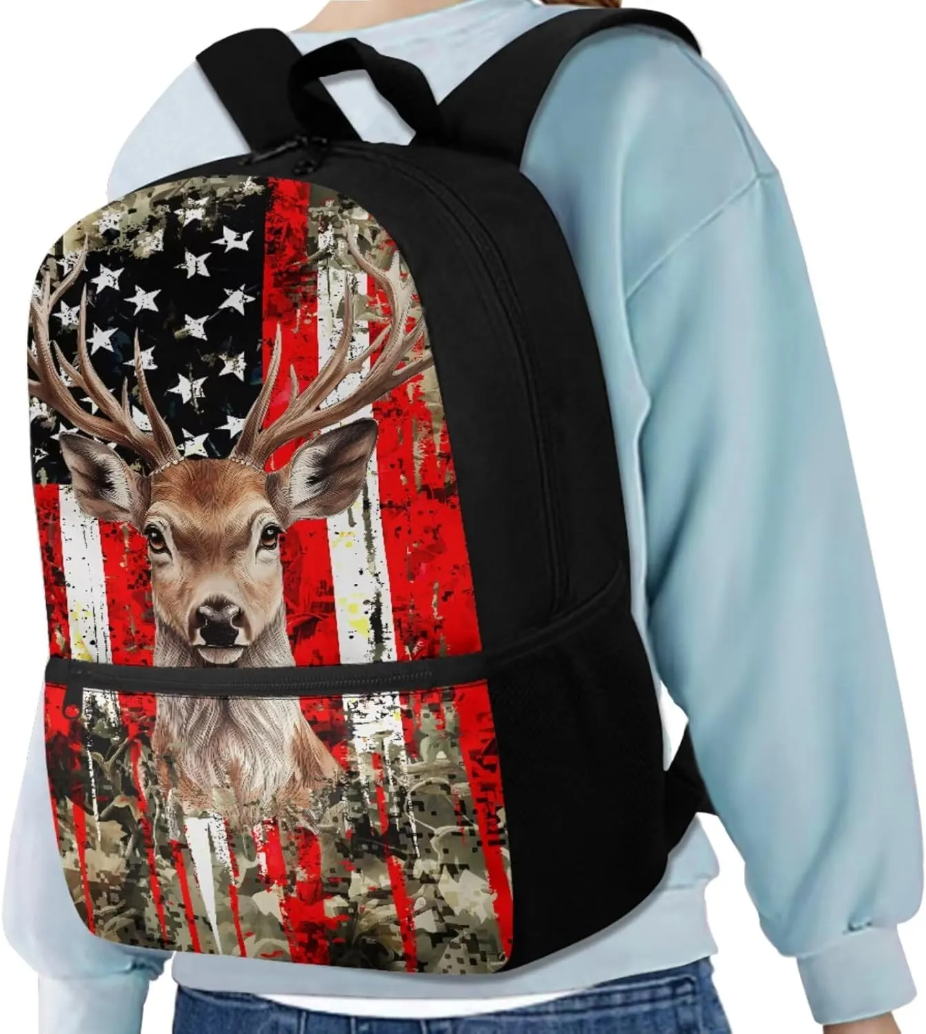 Deer Backpack for Girls School Bag with Lunch Bag Pencil Case Water Bottle Holder 4PCS Boys American Flag Camo School Daypack Travel Bag Satchel Bagpack Back to School Supplies