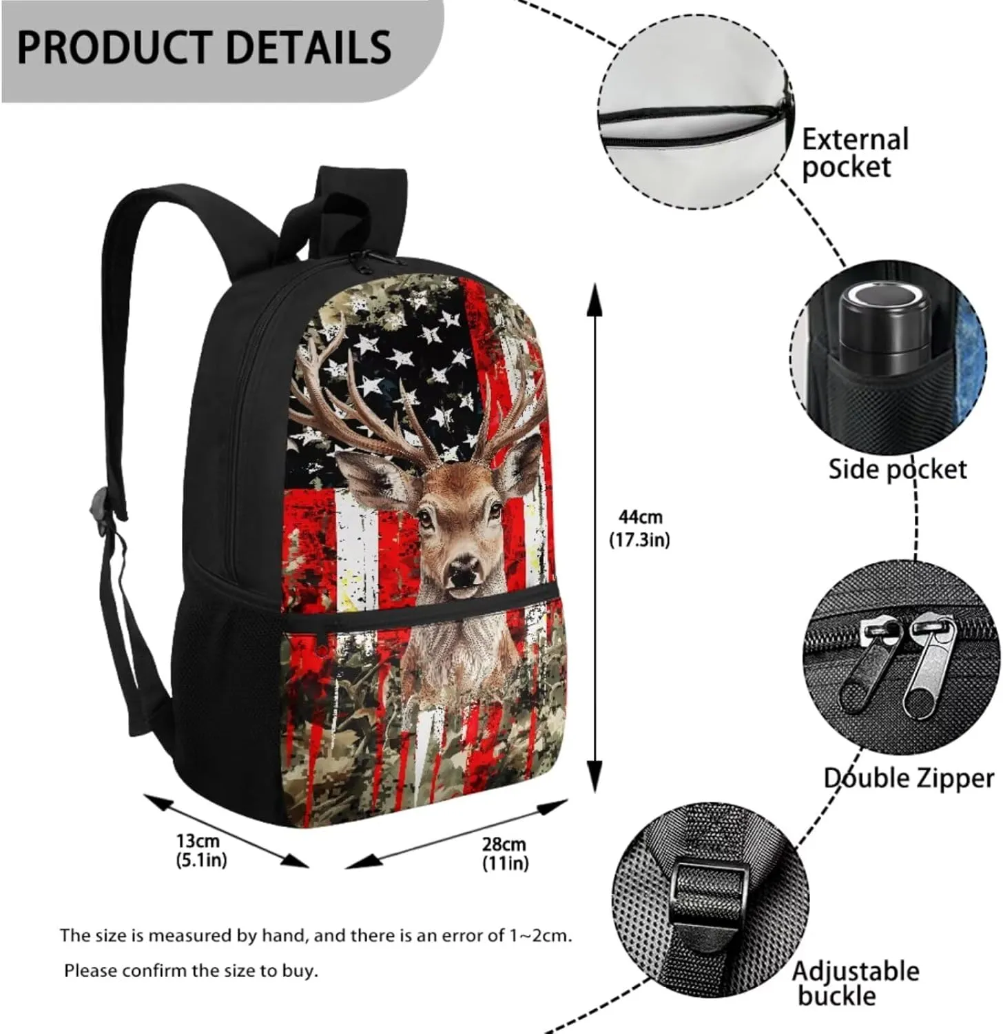 Deer Backpack for Girls School Bag with Lunch Bag Pencil Case Water Bottle Holder 4PCS Boys American Flag Camo School Daypack Travel Bag Satchel Bagpack Back to School Supplies
