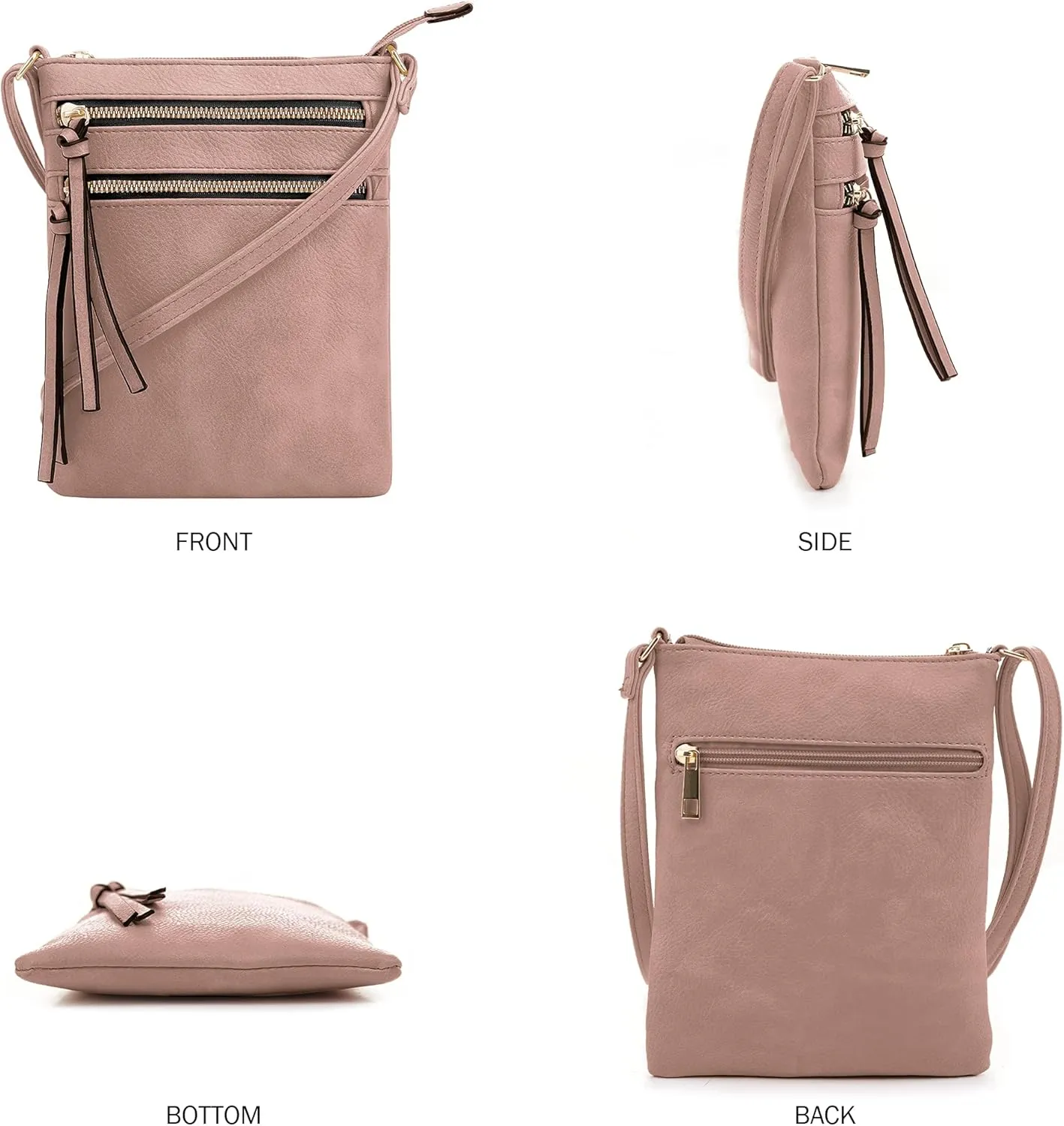 DELUXITY | Crossbody Purse Bag | Functional Multi Pocket Double Zipper Purse | Adjustable Strap | Medium Size Purse |Mauve