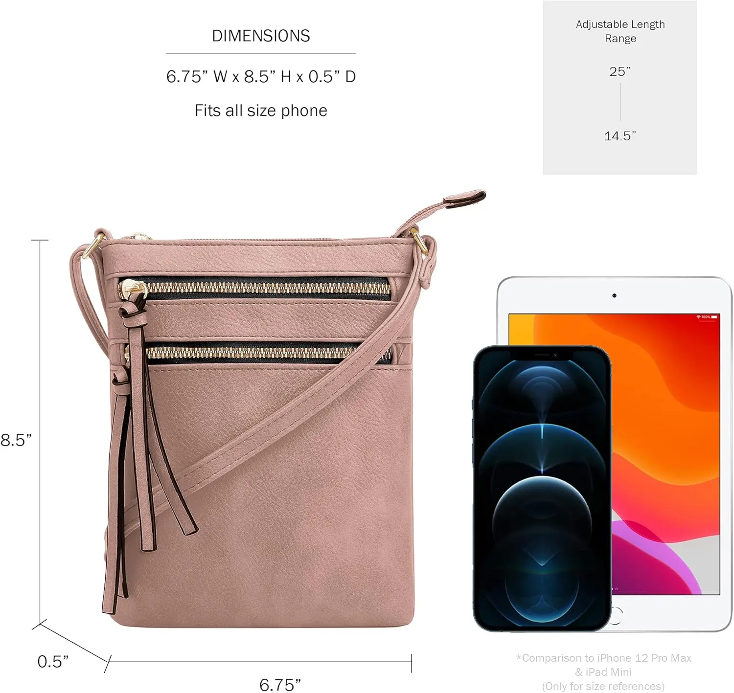 DELUXITY | Crossbody Purse Bag | Functional Multi Pocket Double Zipper Purse | Adjustable Strap | Medium Size Purse |Mauve