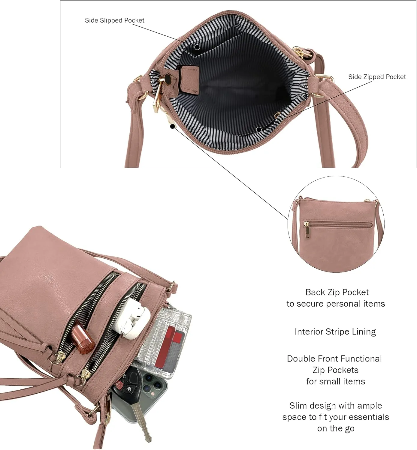 DELUXITY | Crossbody Purse Bag | Functional Multi Pocket Double Zipper Purse | Adjustable Strap | Medium Size Purse |Mauve