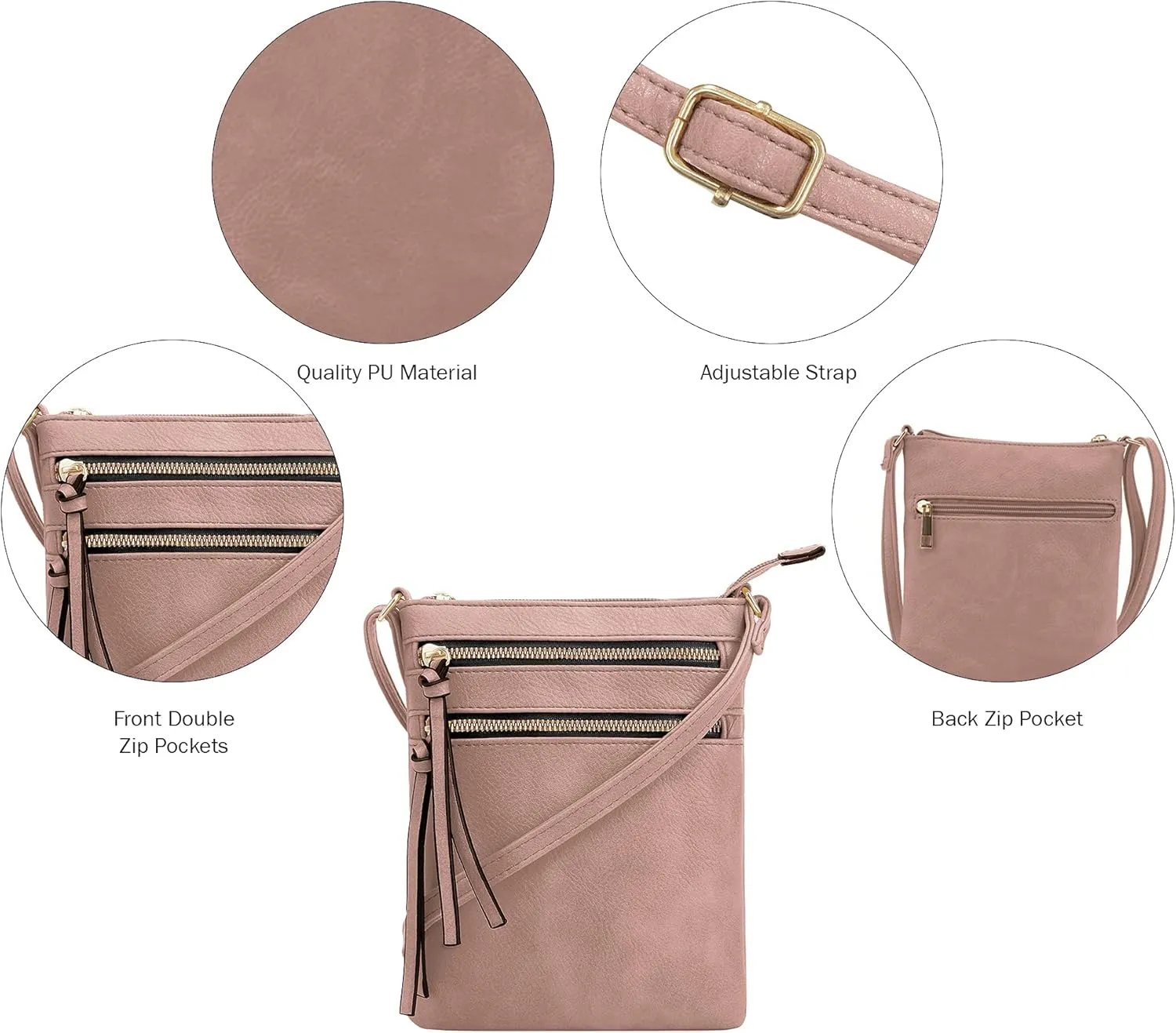 DELUXITY | Crossbody Purse Bag | Functional Multi Pocket Double Zipper Purse | Adjustable Strap | Medium Size Purse |Mauve