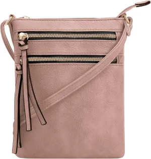 DELUXITY | Crossbody Purse Bag | Functional Multi Pocket Double Zipper Purse | Adjustable Strap | Medium Size Purse |Mauve