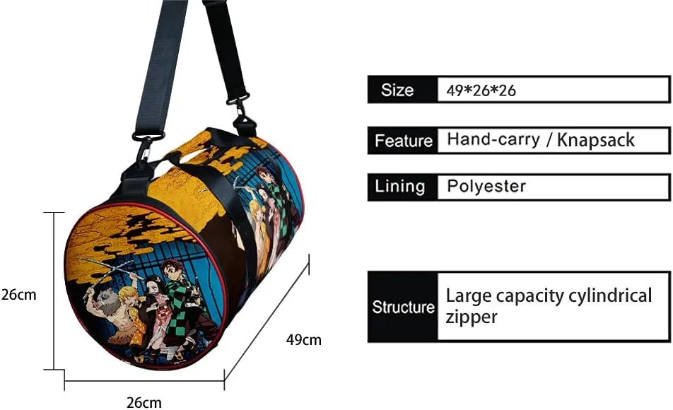 Demon Slay Large Capacity Travel Bag Gym Bag Kemitsu Sport Duffel Bag With Shoe Bag(Group Gold)