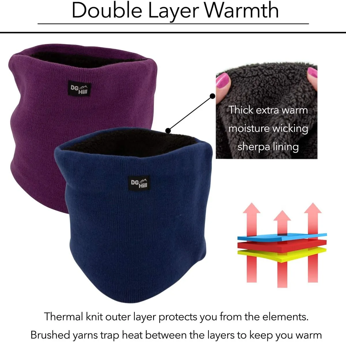 DG Hill Winter Neck Warmer - 2 Pack Face Mask Cold Weather - Neck Gaiter for Men Women Thick Thermal Fleece Lined Ski Outdoor