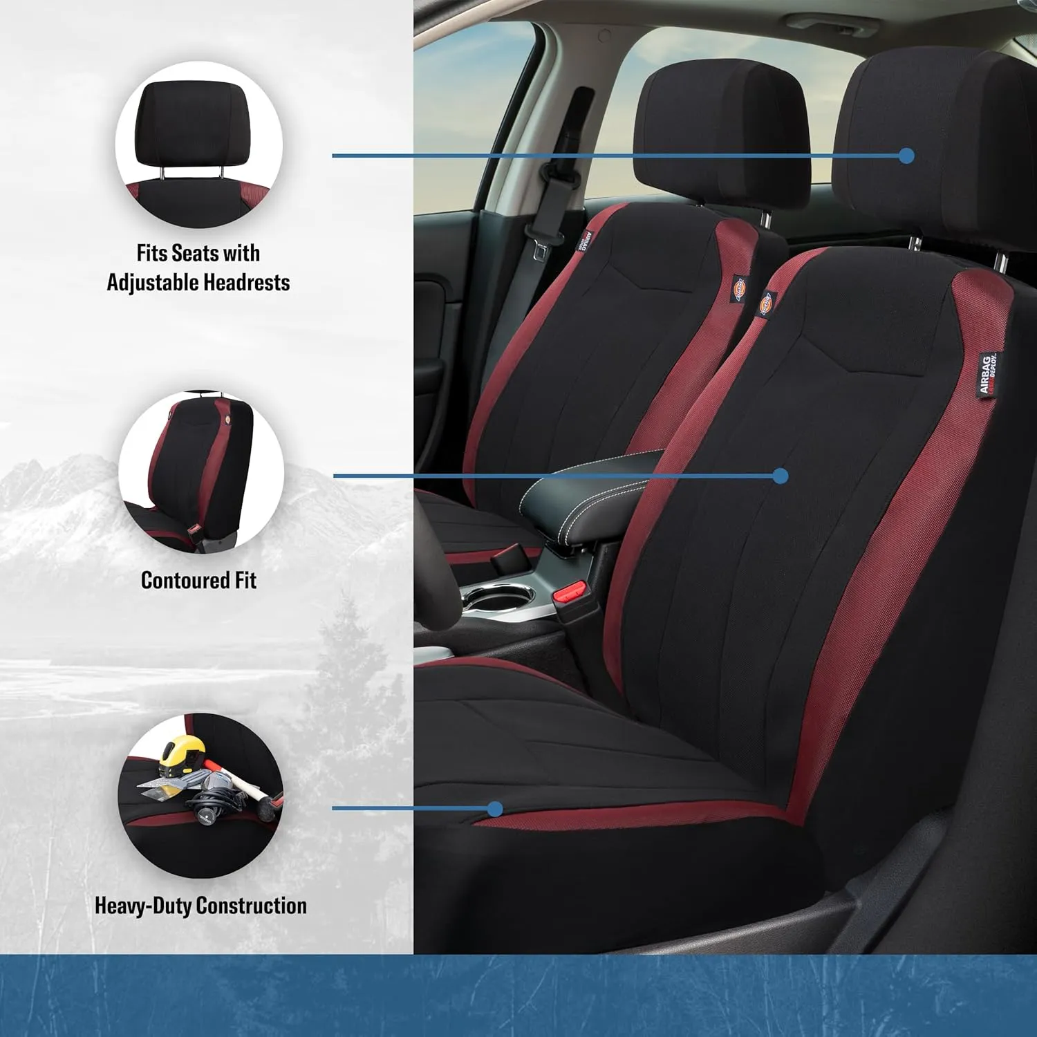 DICKIES 2-Piece DuraSport Starsky Truck Seat Covers, Water-Resistant Seat Covers for Trucks — Black/Red