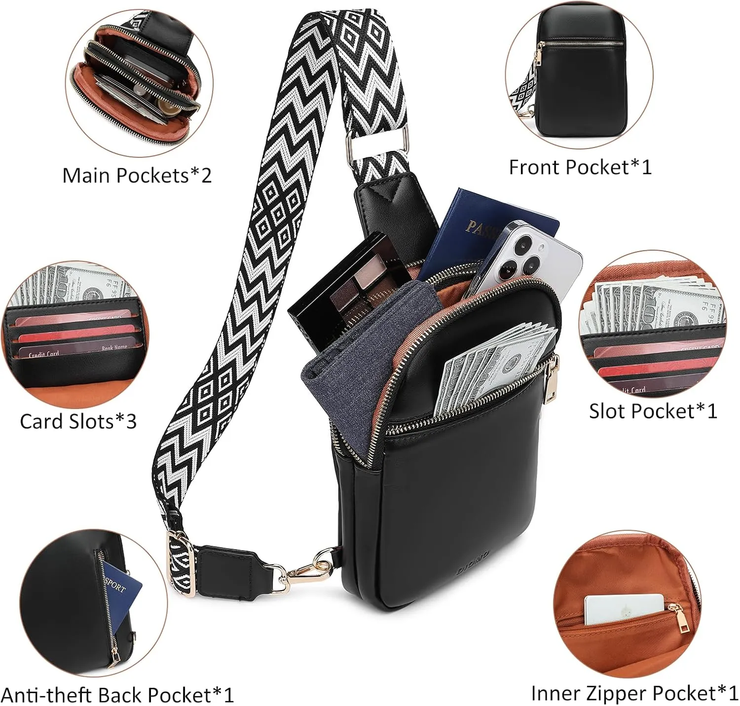 DIOMO Anti Theft Small Sling Bag for Women Cross Body Bag Trendy, RFID Fanny Packs Vegan Leather for Women Travel Belt Purse