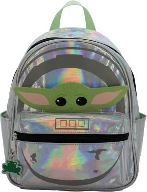 Disney StarWars Mandalorian Grogu Mini PU Backpack Purse, Baby Yoda Shoulder Bag with Epoxy Filled Metal Frog Charm, 10.5 Inch, Adjustable Straps, Faux Leather