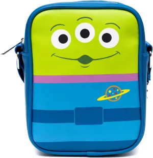 Disney Vegan Leather Crossbody Backpack for Men and Women with Adjustable Strap, Toy Story Alien Close Up Pose, Blue