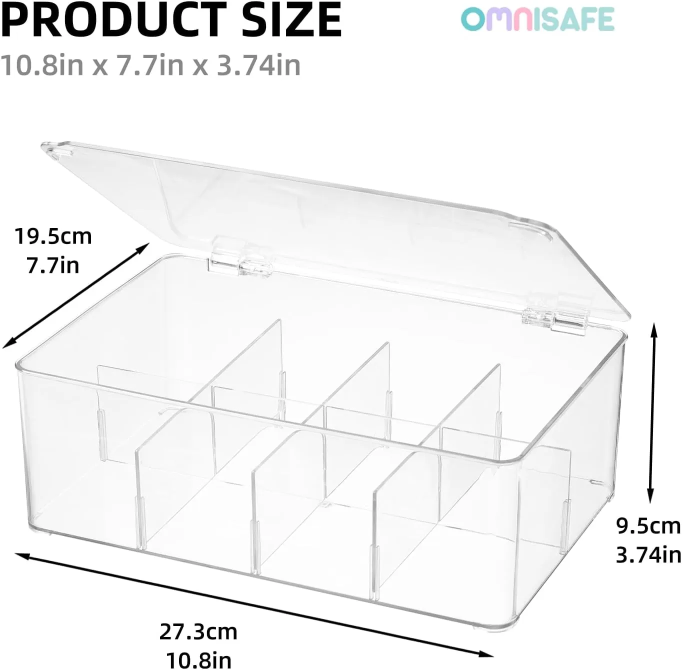 Divided Clear Plastic Organizer Bin with Hinge Lid, 8 Sections Tea Bag Storage Box for Kitchen, Snacks, Spice Packets,Pouches, Stackable Storage Bin