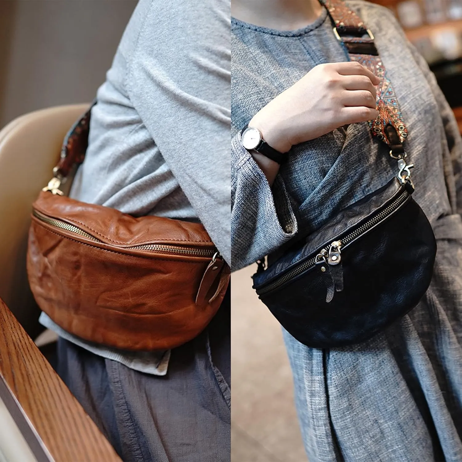 DORIS&JACKY Leather Crossbody Bag For Women Cute Chest Shoulder Purse With Wide Pattern Strap