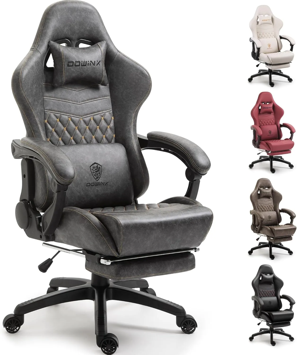 Dowinx Gaming Chair Big and Tall, Ergonomic Computer Chair with Footrest and Massage Lumbar Support, High Back Comfortable Gamer Chair for Adults 350Lbs PU Leather for Office Game, Grey