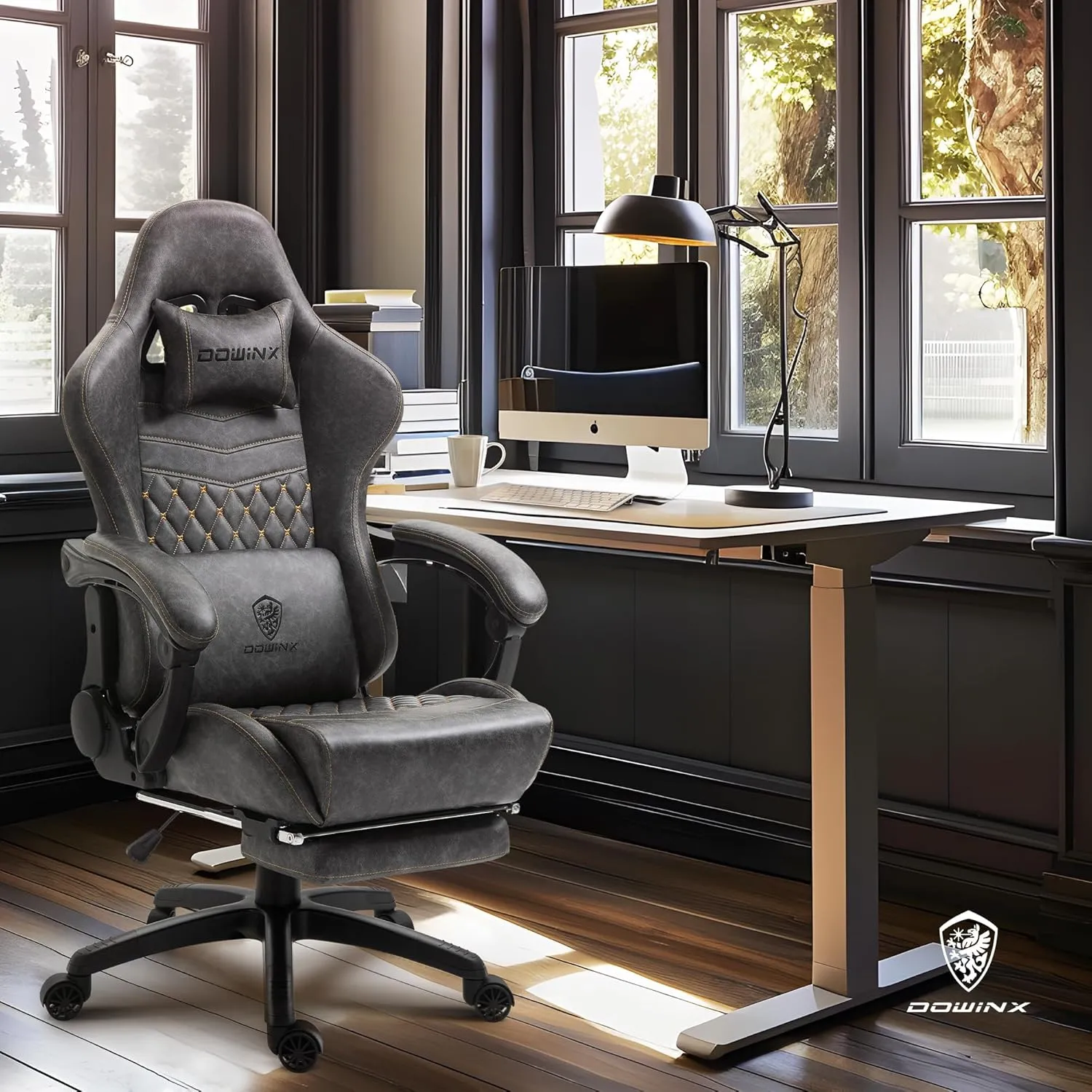 Dowinx Gaming Chair Big and Tall, Ergonomic Computer Chair with Footrest and Massage Lumbar Support, High Back Comfortable Gamer Chair for Adults 350Lbs PU Leather for Office Game, Grey