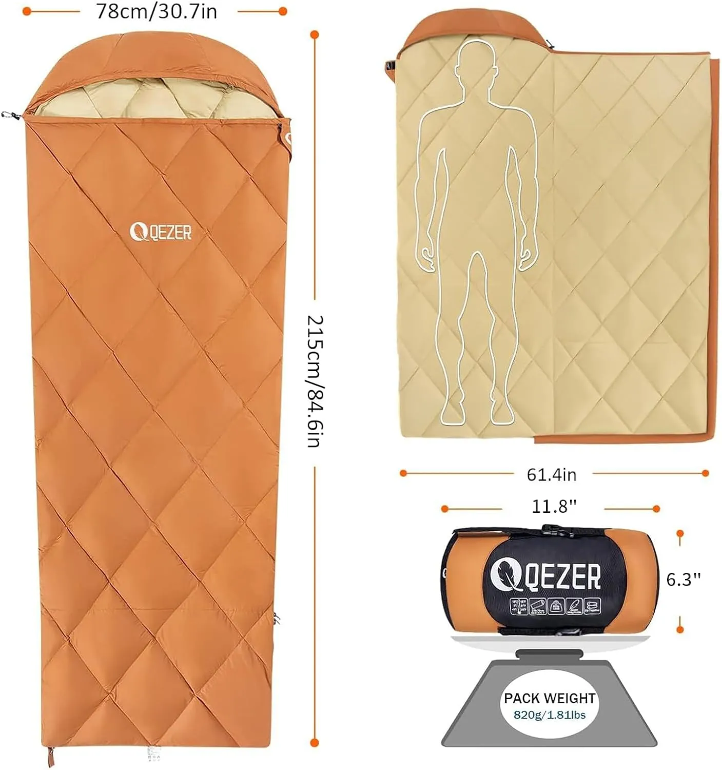 Down Sleeping Bag for Adults, Teens - 40-60 600 Fill Power Duck Down Ultralight Backpacking Bag With Compression Sack
