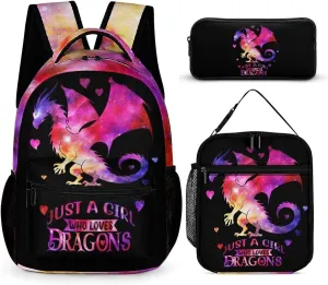 Dragon Backpack with Lunch Box & Pencil Case, 16 Inch Cute Dragon Bookbag for Kids Girls Boys School, School Backpack for Students Children, Lightweight, Large Capacity