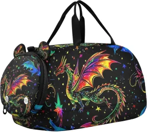 Dragons and Stars Magic Sports Duffle Bag for Teens Girls Boys, Gym Bag with Shoe Compartment, Kids Travel Overnight Weekender Shoulder Bag