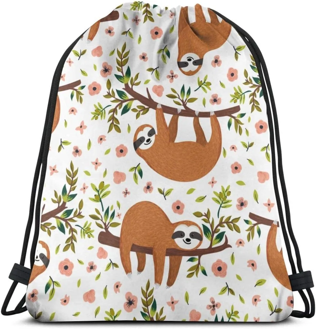 Drawstring Backpack Cute Sloth On The Tree With Funny Bag Water Resistant Lightweight Gym Sackpack For Hiking Yoga Gym Swimming Travel Beach
