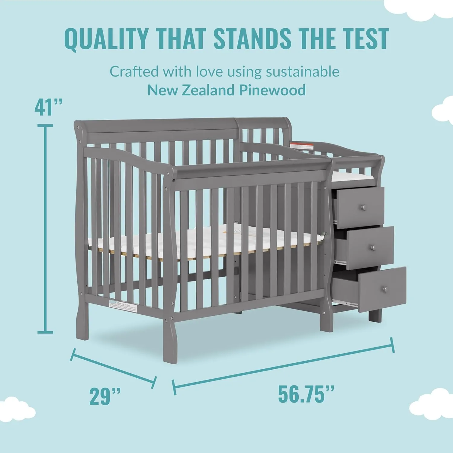 Dream On Me Jayden 4-in-1 Mini Convertible Crib And Changer in Storm Grey, Greenguard Gold Certified, Non-Toxic Finish, New Zealand Pinewood, 1" Mattress Pad
