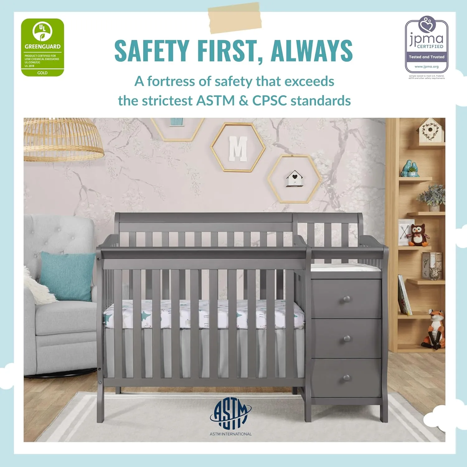 Dream On Me Jayden 4-in-1 Mini Convertible Crib And Changer in Storm Grey, Greenguard Gold Certified, Non-Toxic Finish, New Zealand Pinewood, 1" Mattress Pad
