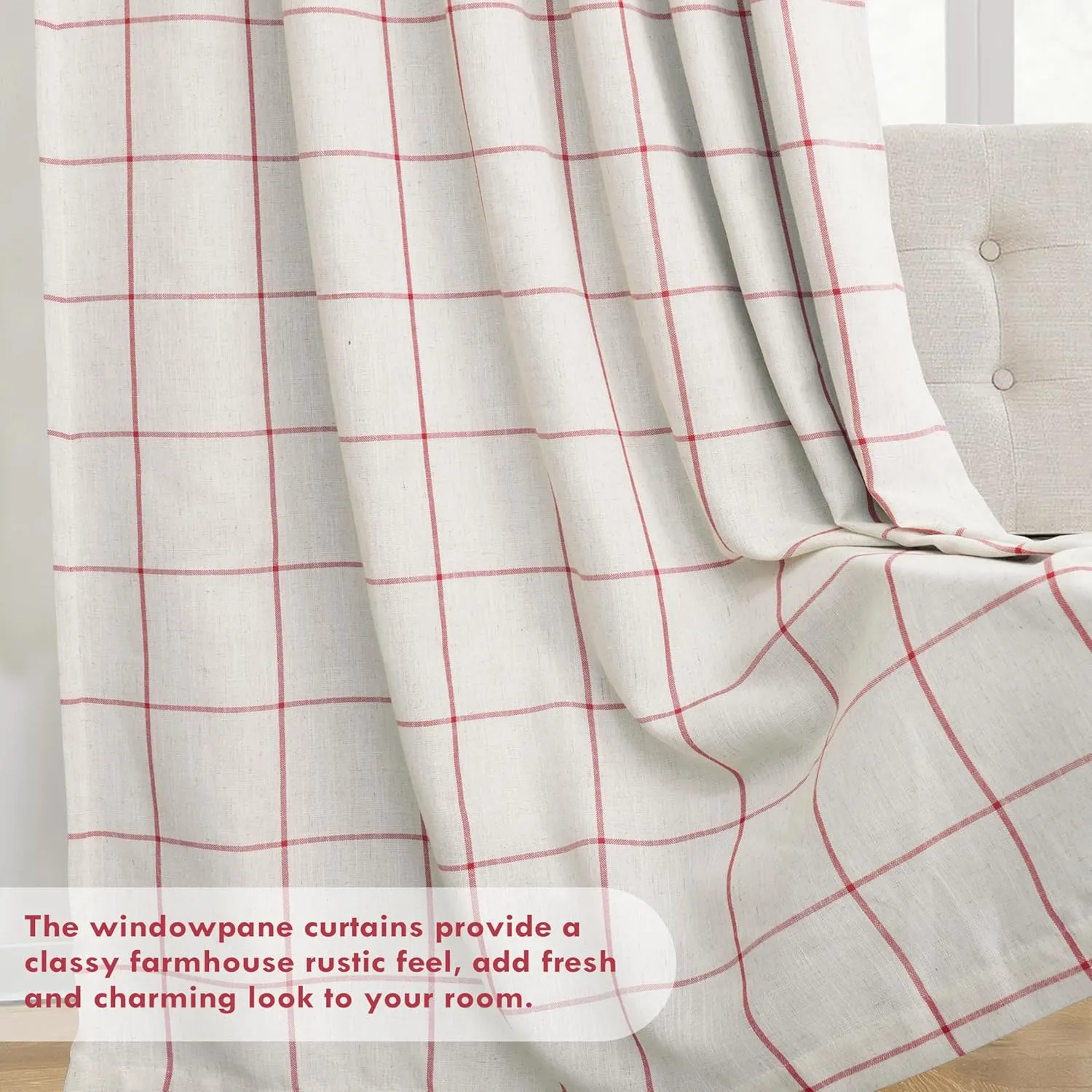 DriftAway 2 Panels 100% Blackout Windowpane Plaid Linen Curtains Double Layer Drapes for Bedroom 96 Inches Long Farmhouse Thermal Insulated 3.25 Inch Rod Pocket Back Tab for Living Room Red
