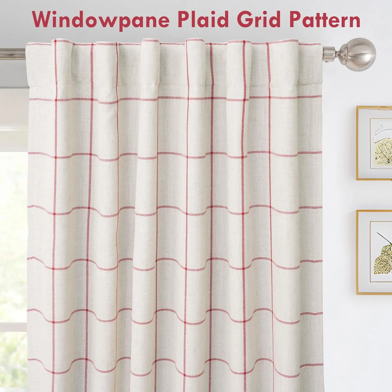 DriftAway 2 Panels 100% Blackout Windowpane Plaid Linen Curtains Double Layer Drapes for Bedroom 96 Inches Long Farmhouse Thermal Insulated 3.25 Inch Rod Pocket Back Tab for Living Room Red