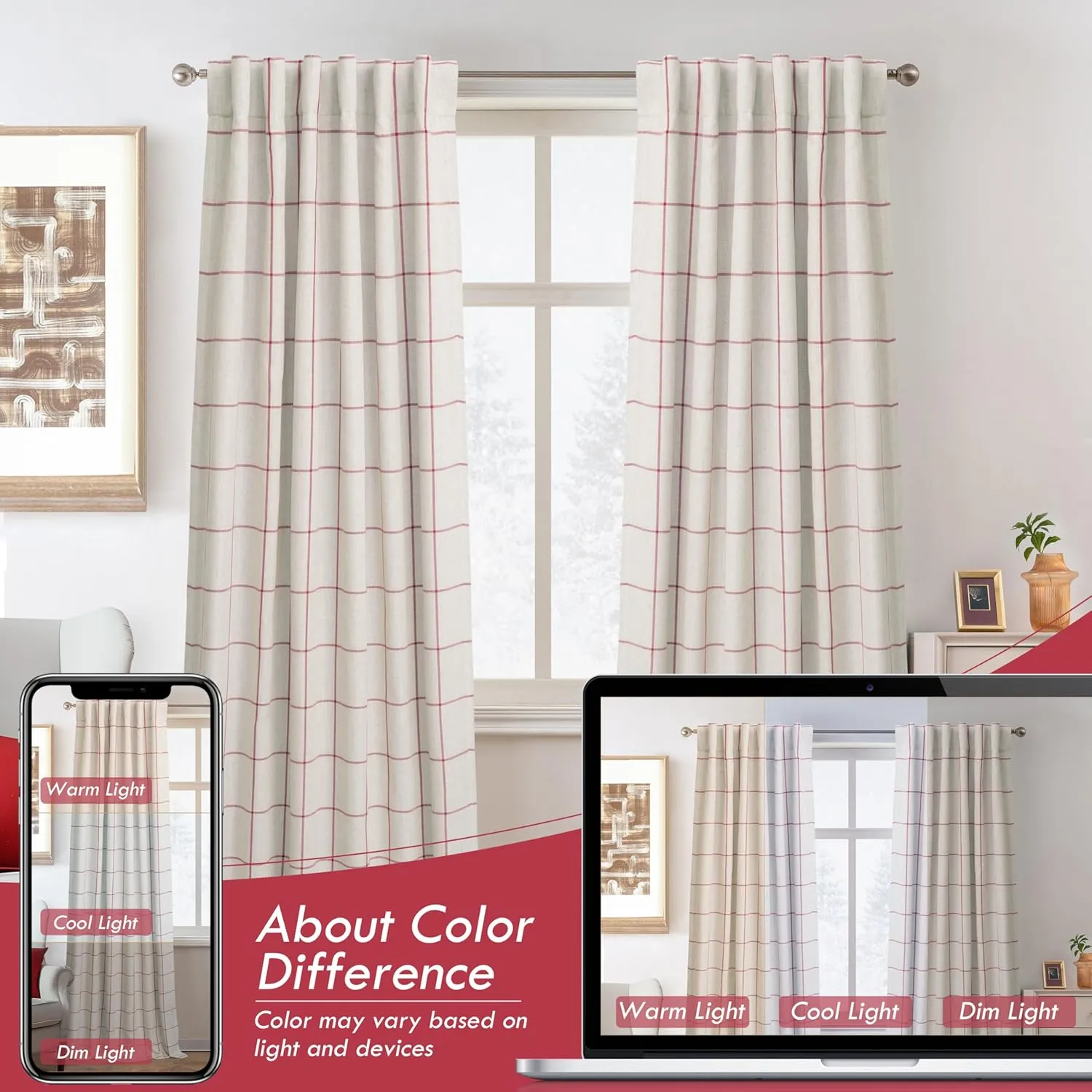 DriftAway 2 Panels 100% Blackout Windowpane Plaid Linen Curtains Double Layer Drapes for Bedroom 96 Inches Long Farmhouse Thermal Insulated 3.25 Inch Rod Pocket Back Tab for Living Room Red