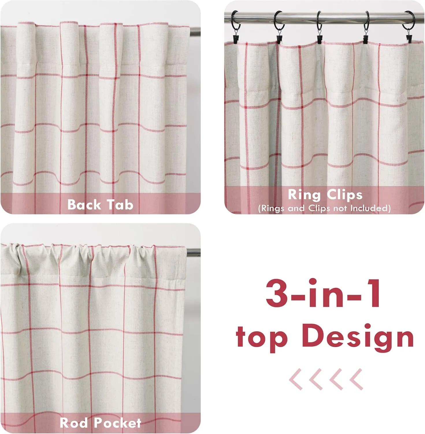 DriftAway 2 Panels 100% Blackout Windowpane Plaid Linen Curtains Double Layer Drapes for Bedroom 96 Inches Long Farmhouse Thermal Insulated 3.25 Inch Rod Pocket Back Tab for Living Room Red