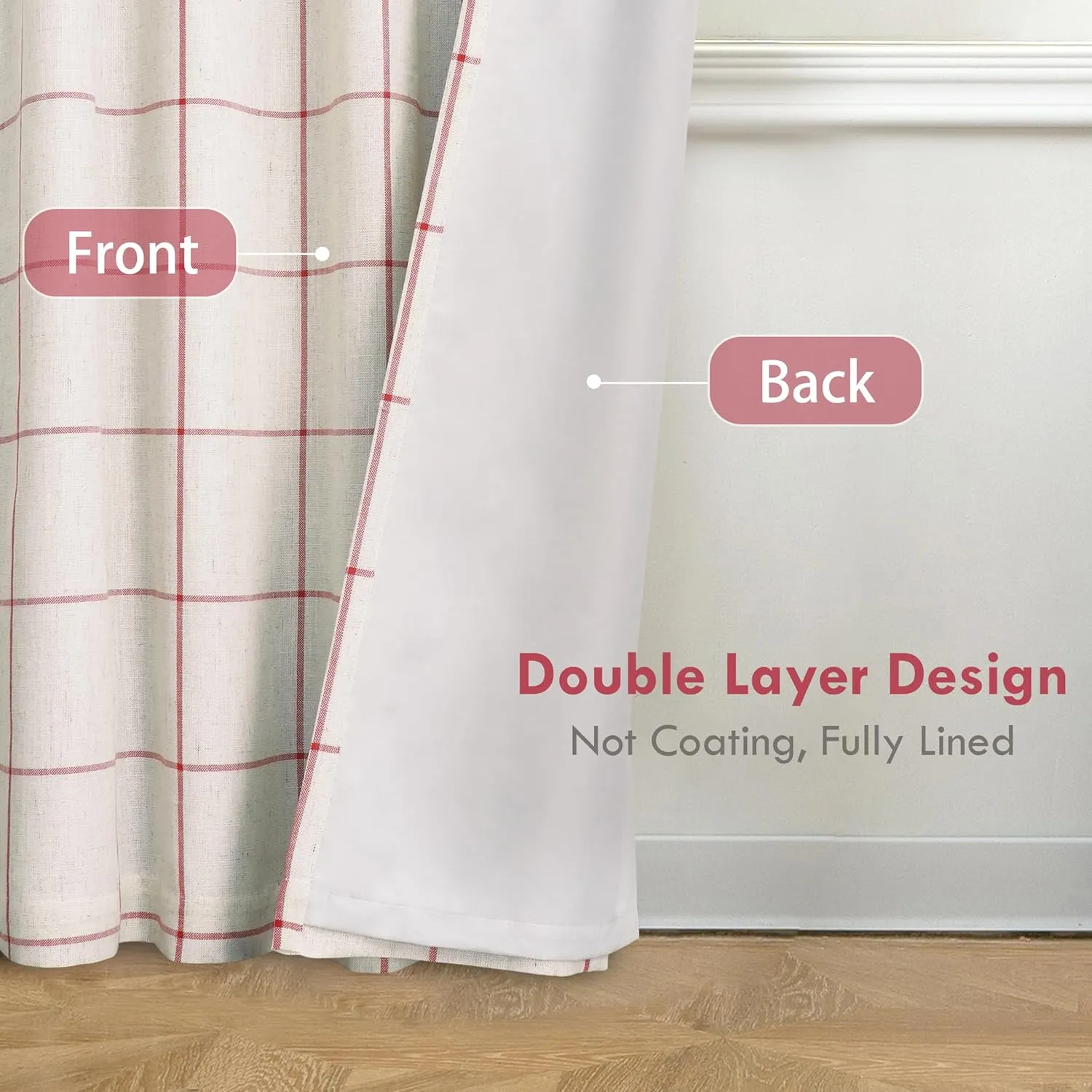 DriftAway 2 Panels 100% Blackout Windowpane Plaid Linen Curtains Double Layer Drapes for Bedroom 96 Inches Long Farmhouse Thermal Insulated 3.25 Inch Rod Pocket Back Tab for Living Room Red