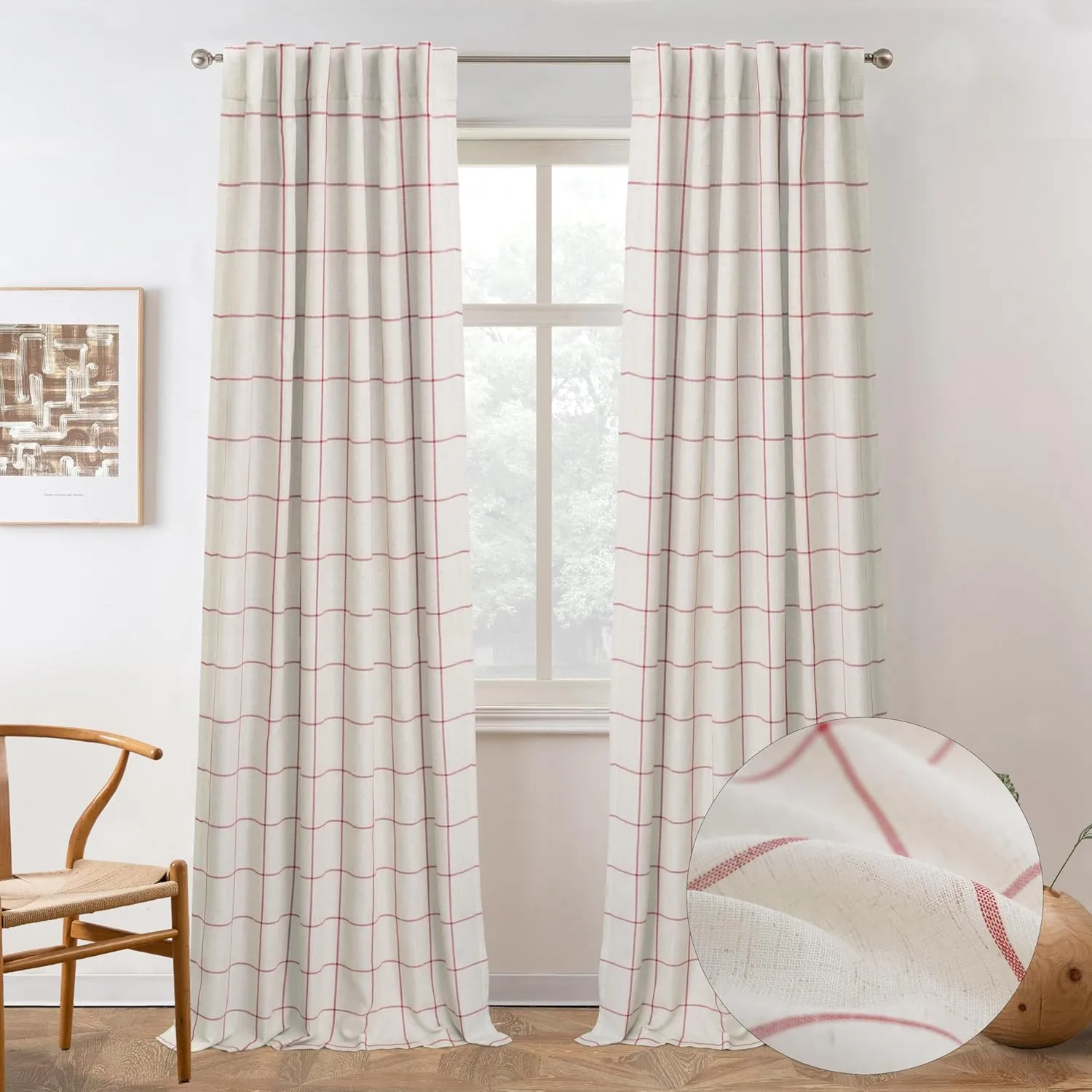 DriftAway 2 Panels 100% Blackout Windowpane Plaid Linen Curtains Double Layer Drapes for Bedroom 96 Inches Long Farmhouse Thermal Insulated 3.25 Inch Rod Pocket Back Tab for Living Room Red