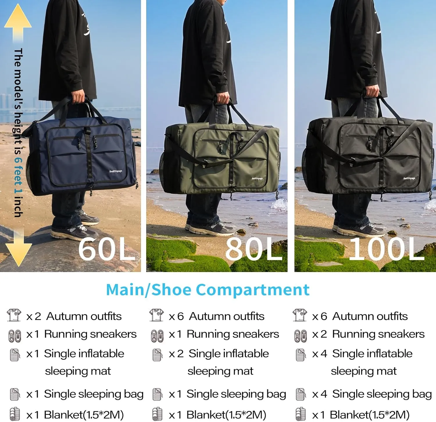 Duffle Bag Foldie Travel Bag Expandable Duffle Bag for Travel Duffle Bag for Men Travel Duffel Bags Mens Travel Bag Canvas Foldable Heavy Duty Large Sports Camping Big Duffle Bags Bulk 80L Black