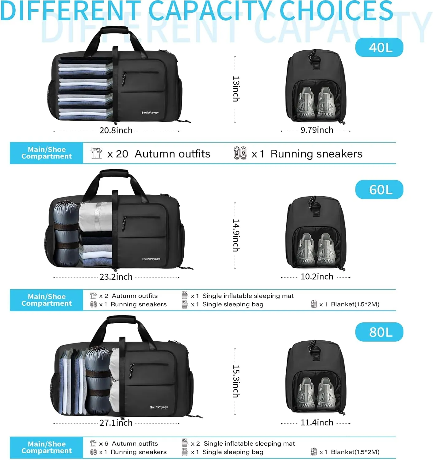 Duffle Bag Foldie Travel Bag Expandable Duffle Bag for Travel Duffle Bag for Men Travel Duffel Bags Mens Travel Bag Canvas Foldable Heavy Duty Large Sports Camping Big Duffle Bags Bulk 80L Black