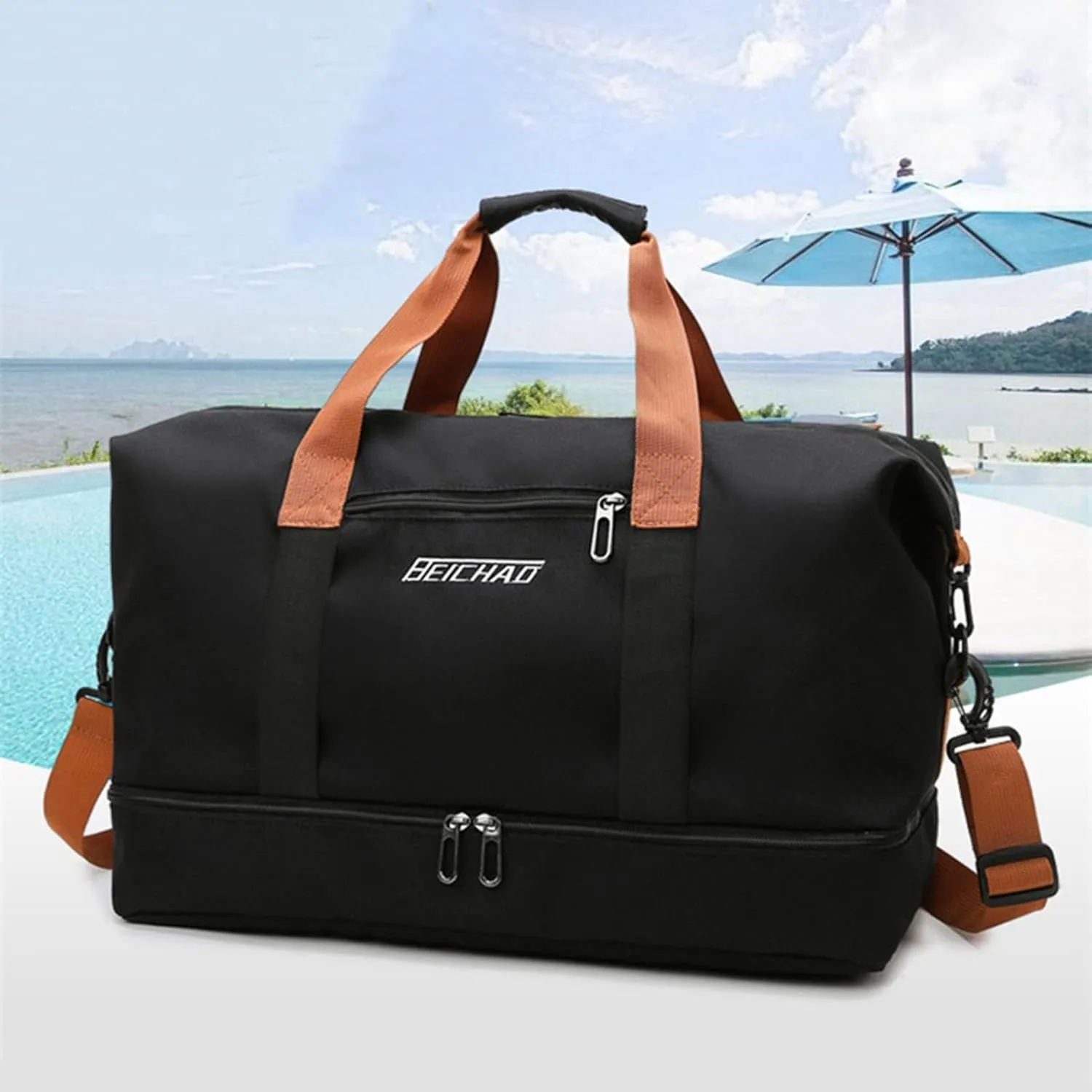 Duffle Bag with Independent Shoe Holder,Large Capacity,Canvas Material,Reusable Strong Load Bearing Multi-pocket Storage Splash-proof Dry Wet Outdoor Fitness Bag Travel Supplies for Men Women Orange