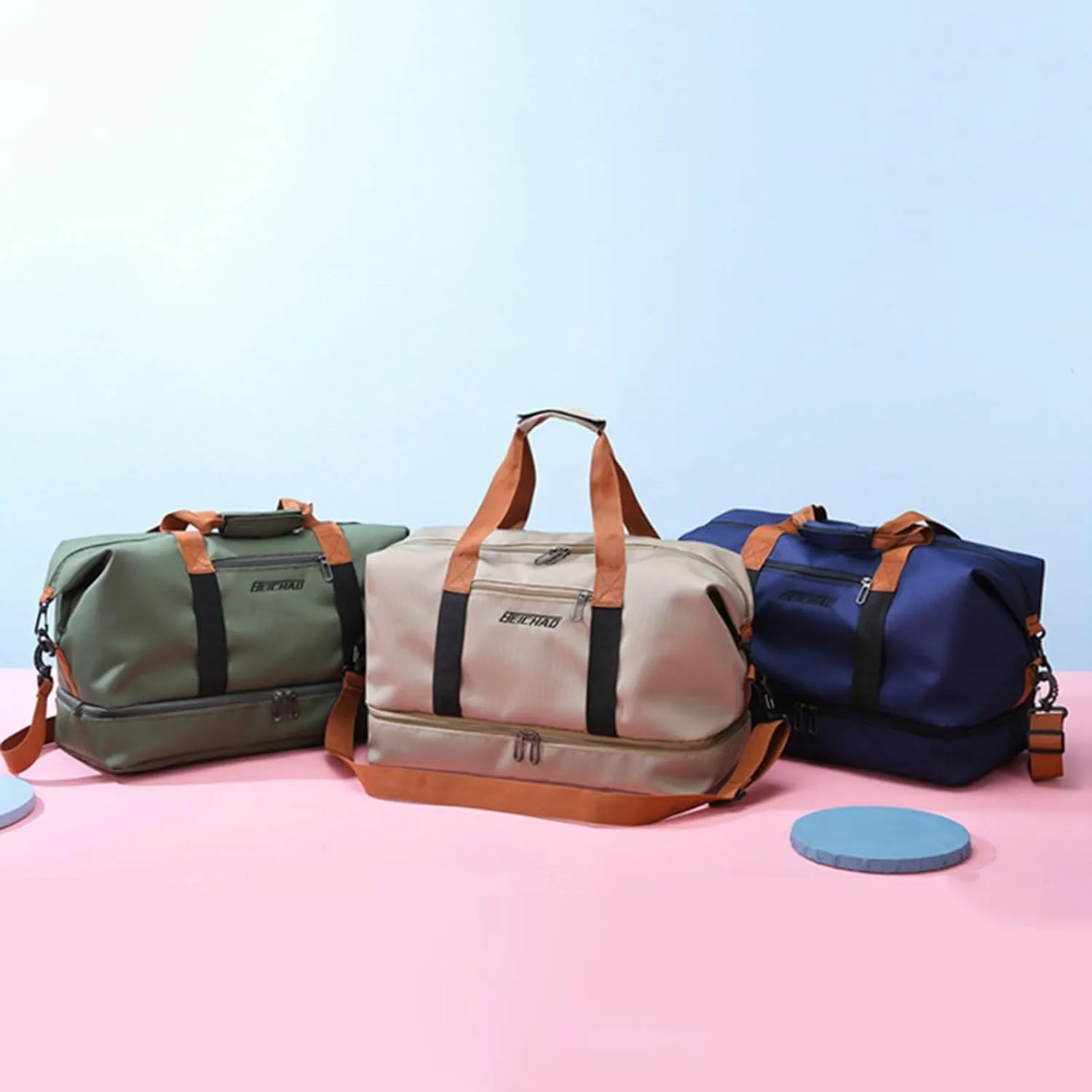 Duffle Bag with Independent Shoe Holder,Large Capacity,Canvas Material,Reusable Strong Load Bearing Multi-pocket Storage Splash-proof Dry Wet Outdoor Fitness Bag Travel Supplies for Men Women Orange