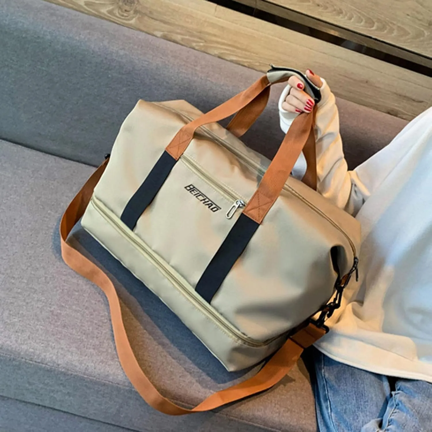 Duffle Bag with Independent Shoe Holder,Large Capacity,Canvas Material,Reusable Strong Load Bearing Multi-pocket Storage Splash-proof Dry Wet Outdoor Fitness Bag Travel Supplies for Men Women Orange