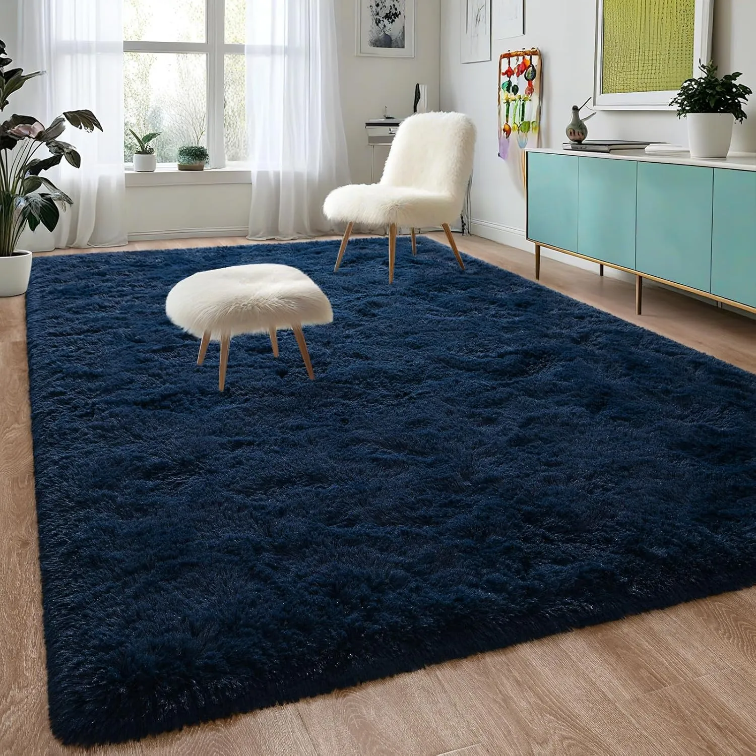 DweIke Area Rugs for Bedroom Living Room, 4x6 Fluffy Navy Blue Non-Slip Carpet for Kids Boys Girls Teen Dorm Nursery Home Decor, Super Soft Shaggy Plush Indoor Bedside Carpets