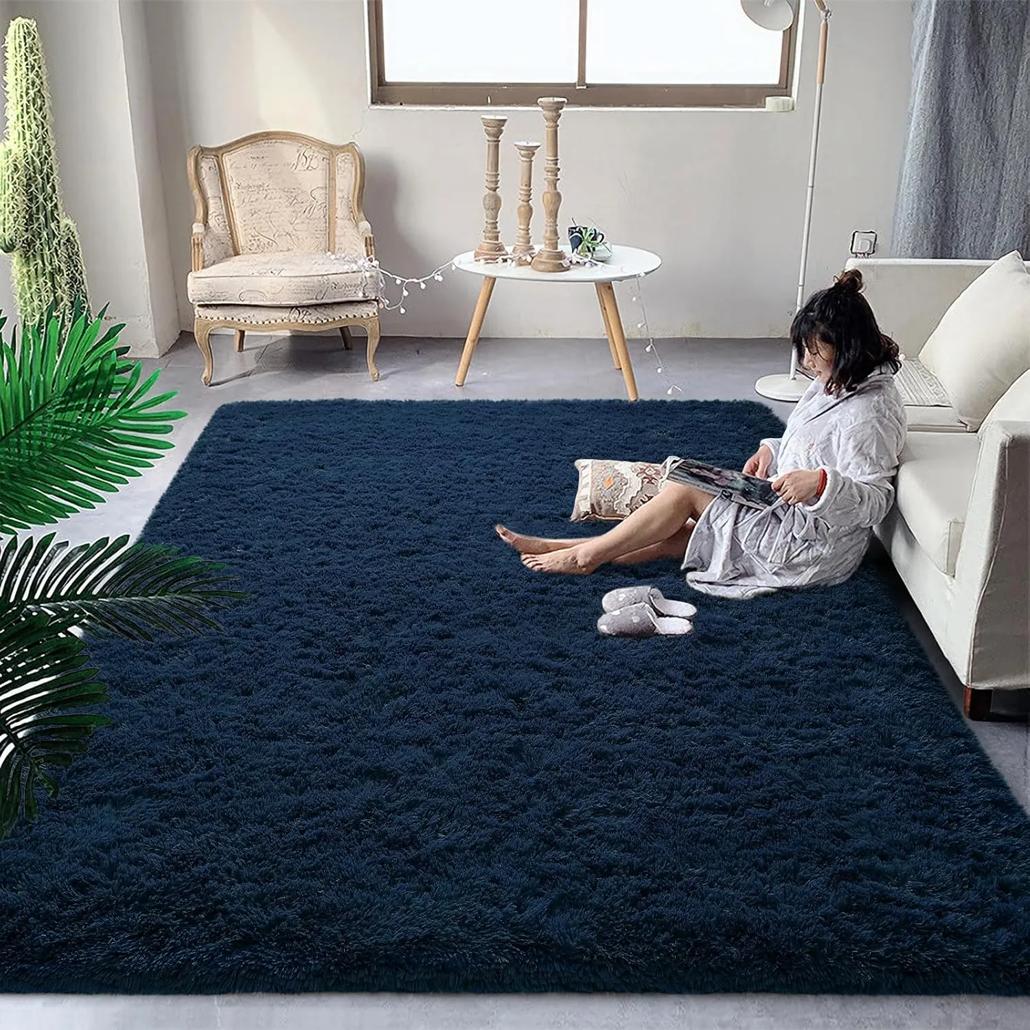 DweIke Area Rugs for Bedroom Living Room, 4x6 Fluffy Navy Blue Non-Slip Carpet for Kids Boys Girls Teen Dorm Nursery Home Decor, Super Soft Shaggy Plush Indoor Bedside Carpets