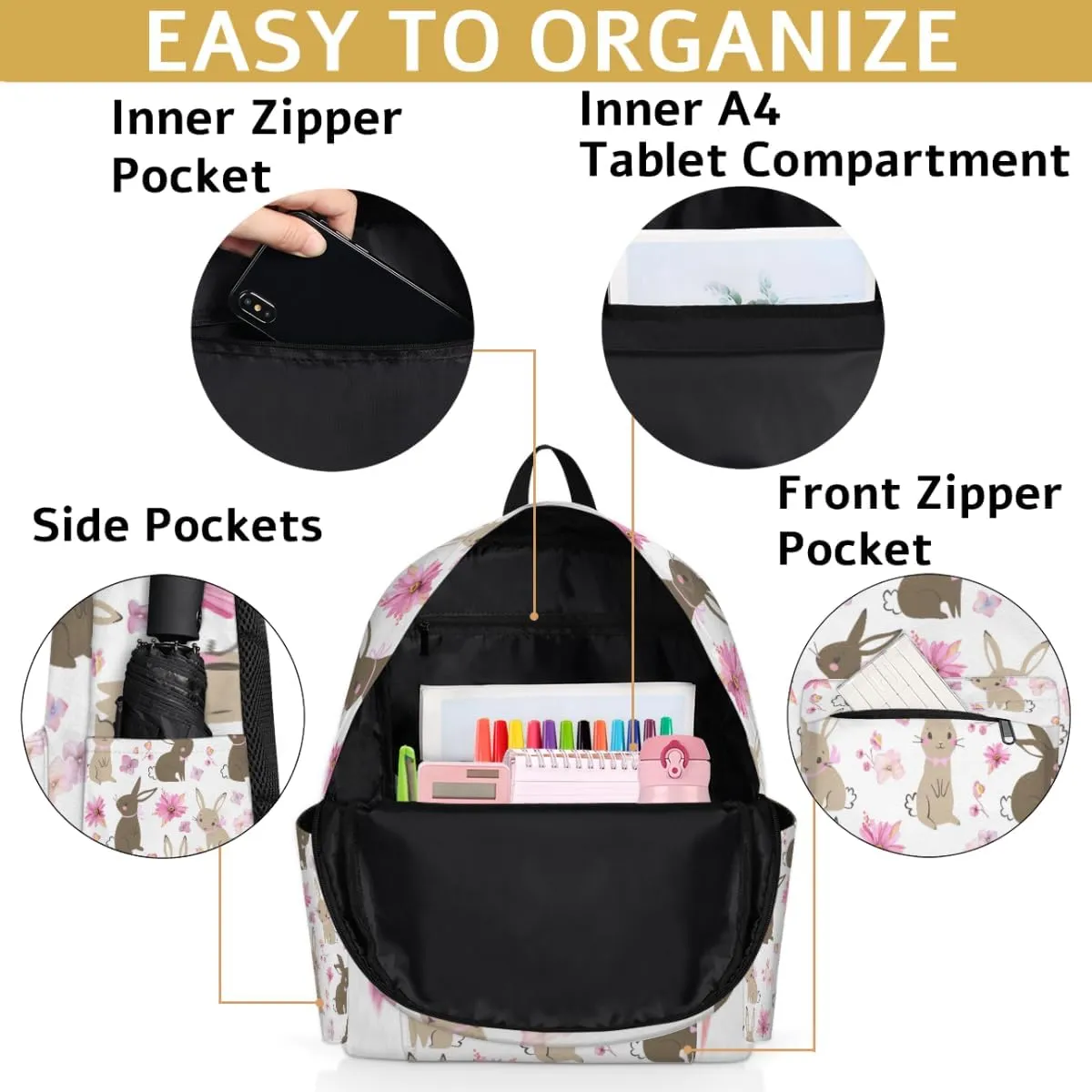 Easter Bunny Kids Backpack for Boys Girls Rabbit Flower Preschool Toddler Backpack Kindergarten Nursery Bookbag Travel Children Lightweight School Bag