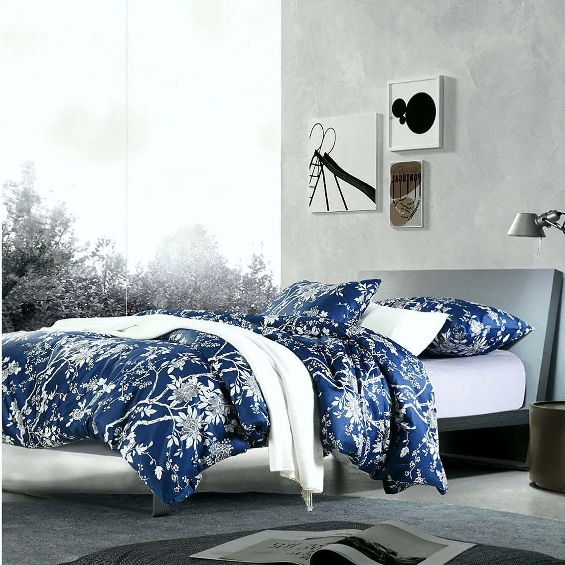 Eastern Floral Chinoiserie Blossom Print Duvet Quilt Cover Navy Blue Tan White Asian Style Botanical Tree Branches Ornamental Drawing 400TC Egyptian Cotton 3pc Bedding Set (King)