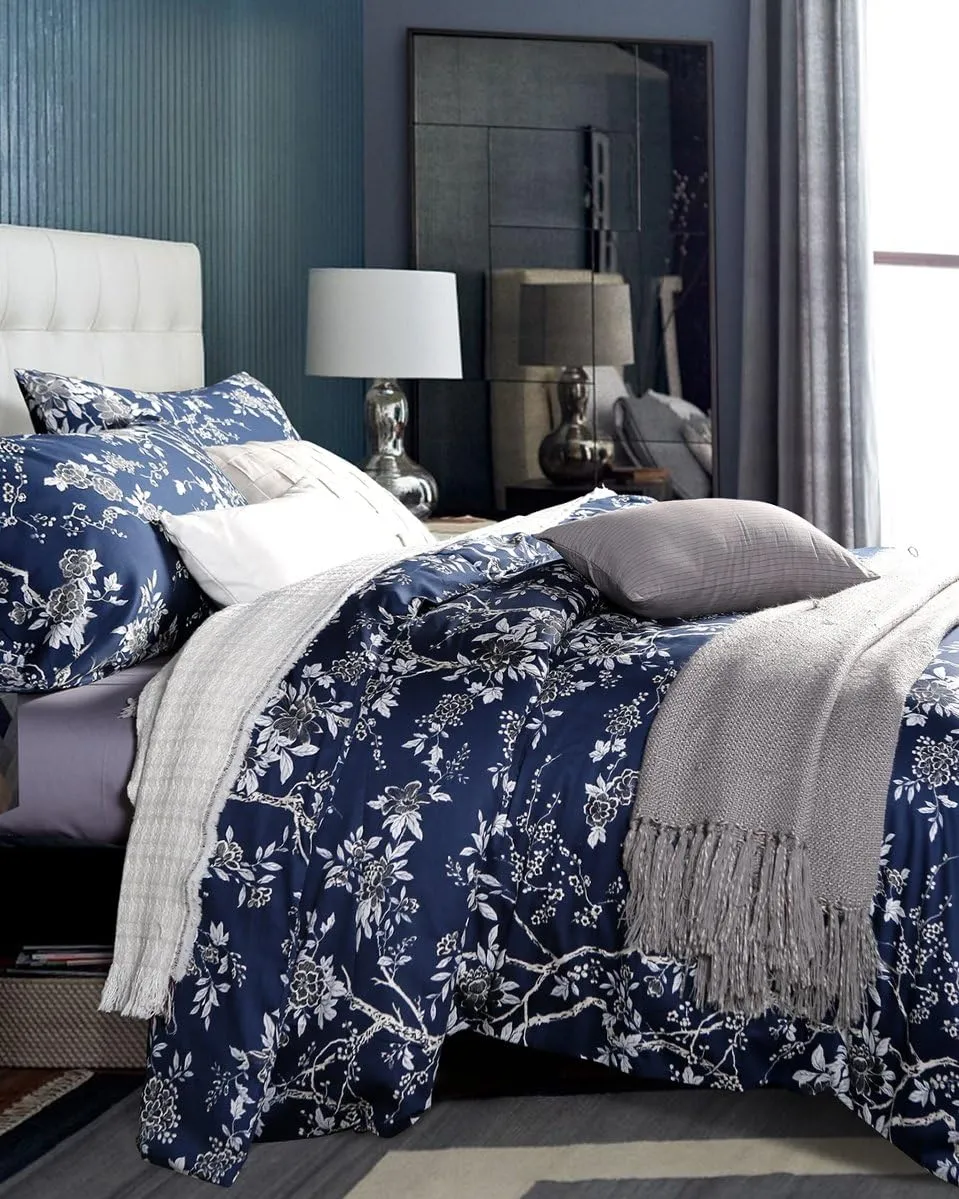 Eastern Floral Chinoiserie Blossom Print Duvet Quilt Cover Navy Blue Tan White Asian Style Botanical Tree Branches Ornamental Drawing 400TC Egyptian Cotton 3pc Bedding Set (King)
