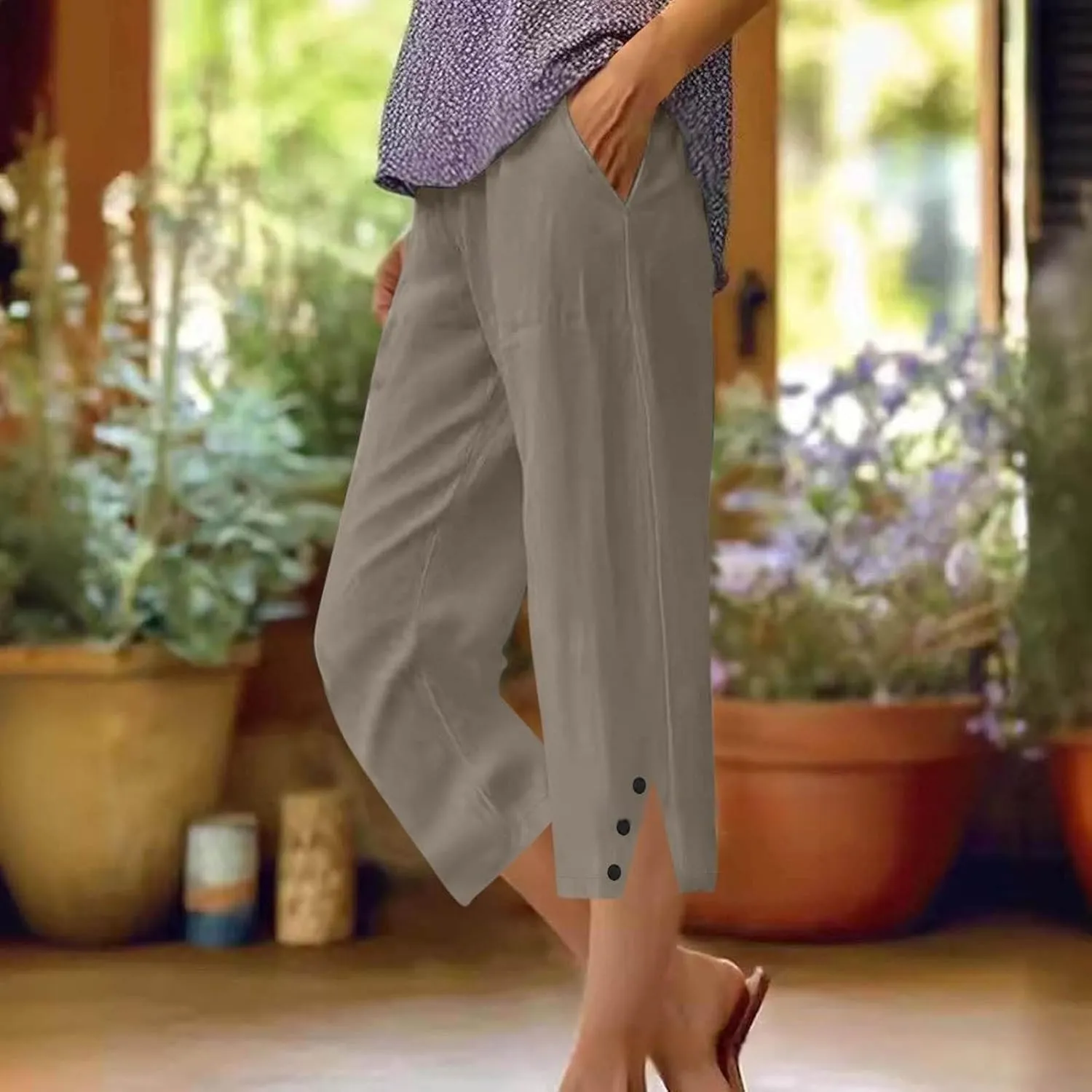 Eco-Friendly Linen Pants Women Elastic Waist Straight Leg Lightweight Beach Yoga Trousers with Slits